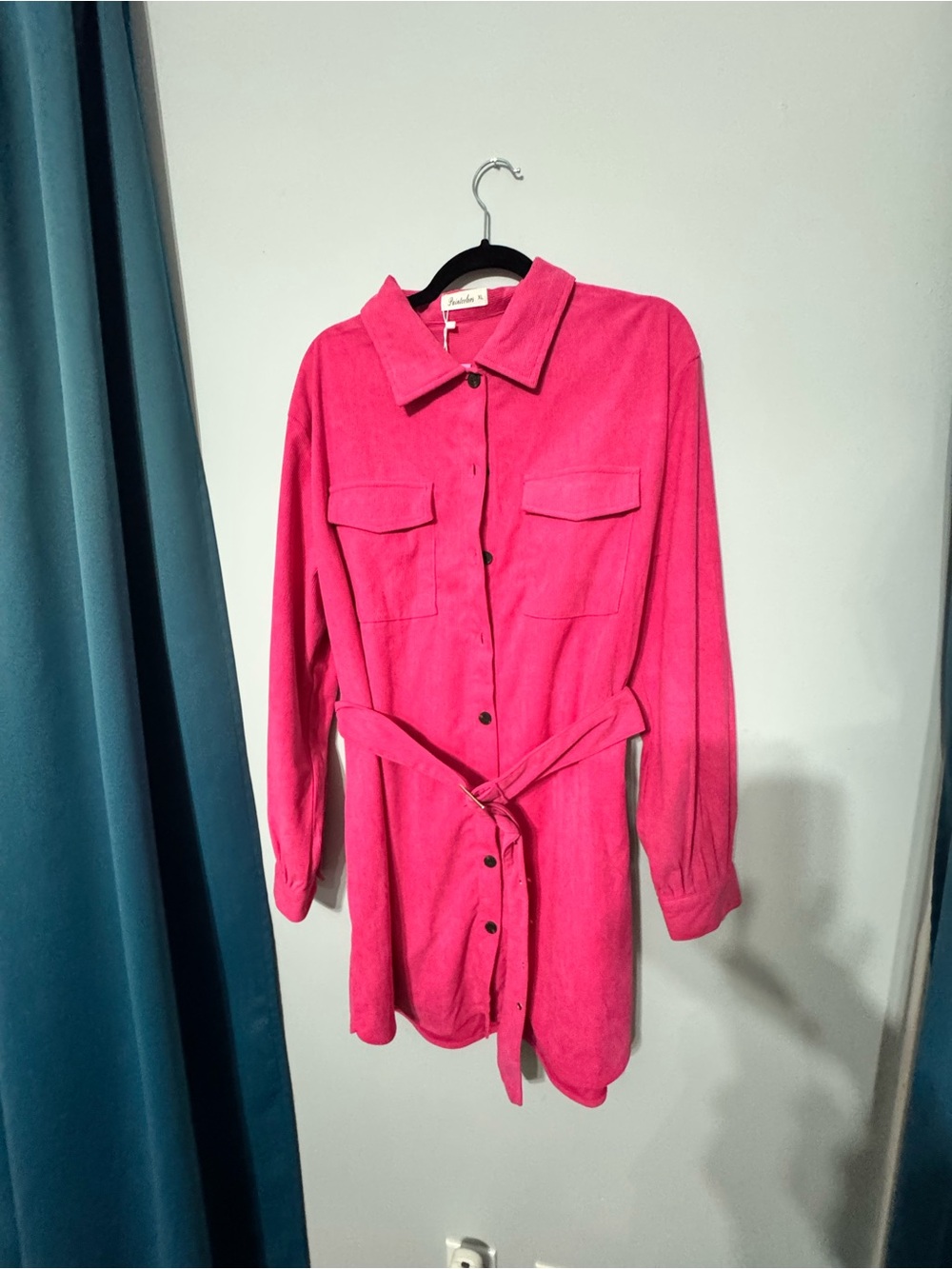 Bright Pink Button-Up Shirt Dress with Tie Belt